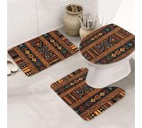 Bathroom Rugs Sets 3 Piece Super Absorbent Bathroom Mats Set Traditional African Design Pattern Bath Rug, Contour Mat and Toilet Lid Cover, Washable Non-Slip Bath Mats Carpet for Bathroom Shower Mat