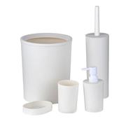 BATHROOM SET 5 PIECE ACCESSORY Lotion Dispenser, Toothbrush Holder, Tumbler Cup, Soap Dish, Trash Can And Toilet Brush (White)