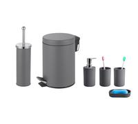Bathroom Set 6 Piece - 3L Bin Toilet Brush Tumblers and Soap Dish - Grey