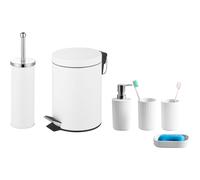 Bathroom Set 6 Piece - 3L Bin Toilet Brush Tumblers and Soap Dish - White