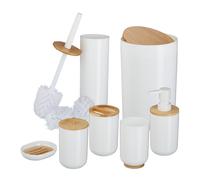 Relaxdays Bathroom Accessories Set, 7-Piece, Plastic & Bamboo, Toilet Brush & Bin, Soap Dispenser, Holder, White, 65% 20% 15%, 7-teilig