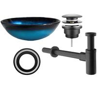 Bathroom Set: Blue Shaded Round Glass Vessel Sink 42x42x14 cm, Mounting Ring, Click-Clack Drain & Decorative Siphon, Matte Black