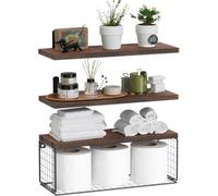 Bathroom Shelf Over Toilet, Floating Bathroom Shelf Wall Mounted With Wire Basket, Floating Shelf For Wall Décor-Rustic Brown