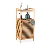 Relaxdays Bathroom Shelf with Laundry Basket, HxWxD: 96x44x33 cm, Tiltable Collector, Bamboo, Fabric, Natural Wood/Grey