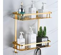Bathroom Shelves No Drilling,Square Shower Caddy Adhesive Wall Mounted Shelf for Bathroom Storage and Organisation Shower Racks Basket with Hooks (Champagne Gold, Double layer)