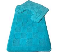 Bathroom Shower 2 Piece Bath Mat Set Non Slip & Toilet Pedestal (Check Design) (Aqua Blue)