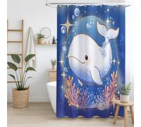 Bathroom shower curtain Easy to clean Water-repellent coating for Kitchen Blue Cartoon Whale Cute,90 x 180cm（35" x 71"）