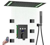 Bathroom Shower System, Ceiling 14 x 20 Inch Shower Head, Spray Head with Handle, 6 Pieces Body Jet and Handheld Temperature Display Shower Faucet Set (Matte Black)