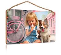 Bathroom Signs Decor Funny A Child Enjoys Ice Cream with A Dog by A Pink Bicycle Signs for Kitchen Boys Bedroom Decorations(20X30CM)