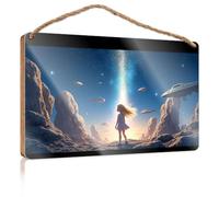 Bathroom Signs Decor Funny A Girl Stands On A Rocky Landscape, Gazing Up At A Bright Light in The Sky Signs for Kitchen Boys Bedroom Decorations(20X30CM)