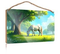Bathroom Signs Decor Funny A White Horse Grazes Under A Tree in A Lush, Green Field Signs for Kitchen Boys Bedroom Decorations(15X28CM)