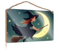 Bathroom Signs Decor Funny A Witch Flying On A Broomstick Under The Moon Signs for Kitchen Boys Bedroom Decorations(20X30CM)