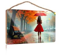 Bathroom Signs Decor Funny A Woman in A Red Dress Walks Under an Umbrella On A Rainy Autumn Day Signs for Kitchen Boys Bedroom Decorations(20X30CM)