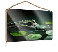 Bathroom Signs Decor Funny Alligator in The Water with Lily Pads Wooded Sign Porch Decorations Outdoor Indie Room Decor(20X30CM)