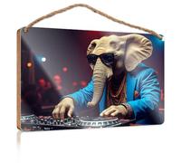 Bathroom Signs Decor Funny Elephant Dj in Stylish Attire Mixing Beats Signs for Kitchen Boys Bedroom Decorations(15X28CM)