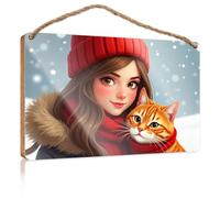 Bathroom Signs Decor Funny Girl in Red Hat with Cat On Snowy Day Signs for Kitchen Boys Bedroom Decorations(15X28CM)