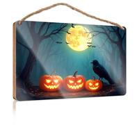 Bathroom Signs Decor Funny Halloween Pumpkins, Bats, and A Crow Under A Full Moon in A Spooky Forest Signs for Kitchen Boys Bedroom Decorations(20X30CM)