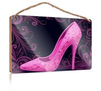 Bathroom Signs Decor Funny Pink Glitter High Heel Shoe with Floral Pattern Signs for Kitchen Boys Bedroom Decorations(15X28CM)