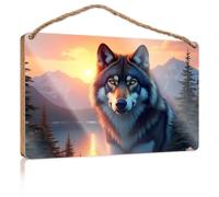 Bathroom Signs Decor Funny Wolf in The Sunset Mountains Wooden Sign Spring Porch Decor Work from Home Door Sign(15X28CM)