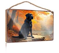 Bathroom Signs For Door Black Labrador Sitting On A Rock In Autumn Forest Wooded Sign Front Porch Decor Farmhouse Spring Porch Decor(20X30CM)