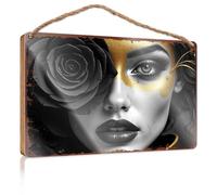 Bathroom Signs For Door Golden Mask With Black Rose: A Mysterious Portrait Wooded Sign Front Porch Decor Farmhouse Spring Porch Decor(23X35CM)