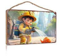 Bathroom Signs For Door Little Firefighter Saving A Fish In The City Wooded Sign Front Porch Decor Farmhouse Spring Porch Decor(15X28CM)