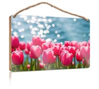 Bathroom Signs Funny Spring Tulips By The Shimmering Lake Wooden Sign Bosses Day Decorations Office Decor For Men(23X35CM)