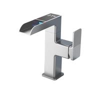 Bathroom Single Handle One Hole Basin Sink Vanity Square Waterfall Faucet LED Temperature Digital Display Mixer Tap with Swivel Spout,Brushed Nickel