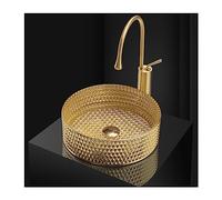 Bathroom Sink, 14 Inches Yellow Tempered Glass Bathroom Vessel Sink Set with Gold Faucet and PopUp Drain