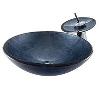Bathroom Sink, Above Counter Round Blue Tempered Glass Vessel Sink with Waterfall Faucet 42 cm