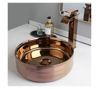 Bathroom Sink Bathroom Vessel Sink Faucet Combo14 Inch Bowl Rose Gold Round Ceramic for Counter(Rose Gold)