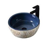 Bathroom Sink Ceramic Round Blue Patterned Washbasin Balcony Washbasin Household Indoor Including Accessories Lavatory Art Basin
