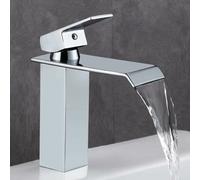 Bathroom Sink Faucet, Modern Style Chromed Brass Waterfall Bathroom Sink Faucet, Ceramic Valve, Rectangular Flattened Design For