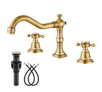 Bathroom Sink Faucet Widespread Double Cross Knobs Antique Brass 3 Hole Mixing Tap Deck Mount with Pop Up Drain