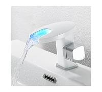 Bathroom Sink Faucet with LED Color Changing,Waterfall Bathroom Faucet,Brass Single Hole Bath Faucets,Hot and Cold Water Basin Mixer Taps,White