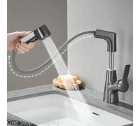 Bathroom Sink Faucet with Pull Out Sprayer Single Handle Single Hole Adjustable Height with Rotating Spout (Grey)
