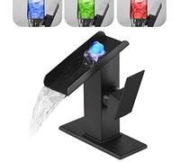 Bathroom Sink Led Faucet Waterfall Spout Black RGB 3 Colors Changing Temperature Lavatory Vanity Sink Faucet One Hole Handle Modern Washbasin Tap with Lights Deck Mount Commercial