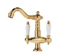 Bathroom Sink Mixer Faucet - Antique Brass Basin Taps with 360° Swivel Dual Lever, Hot/Cold Water, UK Standard Hoses, Gold Finish