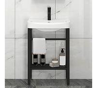 Bathroom Sink Pedestal laundry Sinks White Ceramic Console Wash Basin sinks free standing Porcelain Vessel Basin Rectangle with Stainless Steel Metal Legs Stand Vanity Sink with black Storage Shelf (