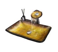 Bathroom Sink Tempered Glass Bathroom Vessel Sink Set Square Countertop Washbasin with Tap Pop Up Drain Combo Art Kit for Hotel(Yellow Set B)