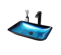Bathroom Sink Tempered Glass Bathroom Vessel Sink Set Square Countertop Washbasin with Tap Pop Up Drain Combo Art Kit for Hotel(Bule Set A)