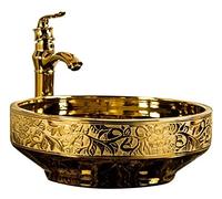 Bathroom Sink, Vessel Sink Round Basin with Copper Faucet and Pop Up Drain 16.53 Inches Gold