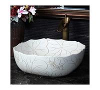 Bathroom Sink Vessel Sink Square Vintage Hand Carved Lotus Pattern Countertop Ceramic Bathroom Art Basin