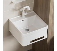 Bathroom Sink Wall Mounted, Rectangular Small Cloakroom Basin with Rotating Faucet, Porcelain Ceramic Vessel Sink with Bracket for Hanging Towels Countertop Wash Basin(White,50x44x24cm)