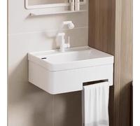 Bathroom Sink Wall Mounted, Rectangular Small Cloakroom Basin with Rotating Faucet, Porcelain Ceramic Vessel Sink with Bracket for Hanging Towels Countertop Wash Basin(White,55x44x24cm)