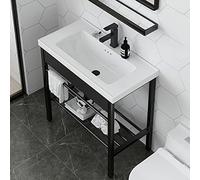 Bathroom Sink White Ceramic Console Pedestal laundry Sinks free standing Wash Basin sinks Porcelain Vessel Basin Rectangle with Stainless Steel Metal Legs Stand Vanity Sink black Storage Shelf ( Size