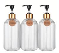 Bathroom Soap Dispenser | Set of 3 Bottles for Gel Shampoo and Conditioner 500ML with 3 Bamboo Pendants | This Transparent Style Bathroom Soap Dispenser is Elegant and Will Enhance the Style of Your