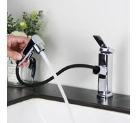 Bathroom Tap, High Pressure Washbasin Mixer Tap with Pull-Out Shower, Chrome Finish, 3 Jet Types, Extendable Sink Fittings