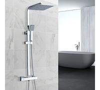 Bathroom Thermostatic Shower Mixer Set Handheld Shower and with Adjustable 8" Overhead Rainfall Shower Head Twin Head & Body Chrome Plated Set