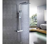 Bathroom Thermostatic Valve Shower Mixer Set, Handheld Shower and with Adjustable 8" Overhead Rainfall Shower Taps, Twin Head & Body Chrome Plated Set